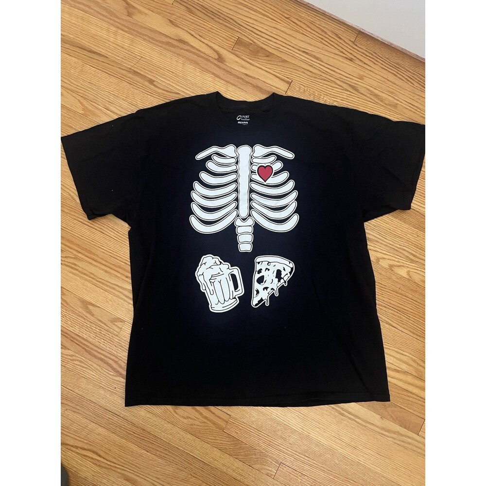 Skeleton Ribs with Pizza and Beer Black Graphic T-shirt Size XL Mens Funny